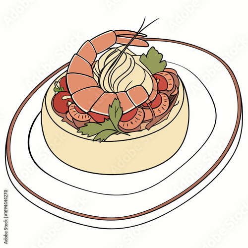 Shrimp dish with creamy topping and fresh garnishes served on a plate