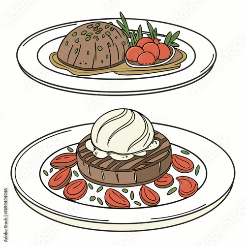 A delightful duo of gourmet dishes, featuring a savory main course with vibrant accompaniments and a sweet indulgence of chocolate cake, vanilla ice cream, and fresh strawberry slices