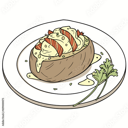A savory and delicious loaded baked potato illustration with a creamy cheese sauce and savory toppings, served with fresh parsley garnish