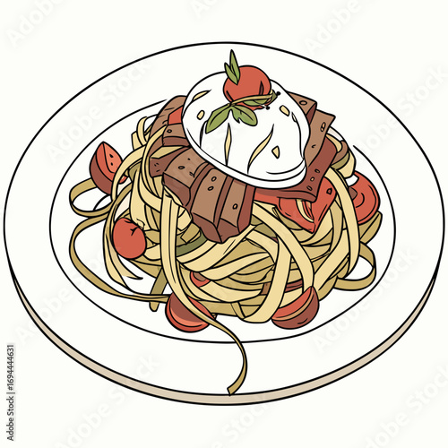 Delicious plate of pasta with meat and tomatoes, artfully arranged and ready to be savored