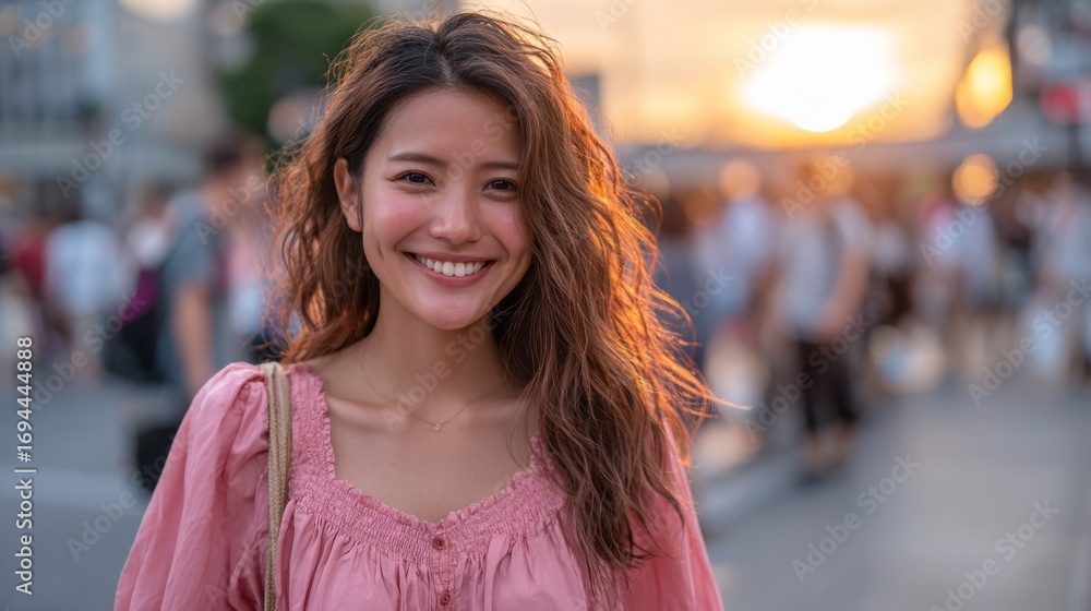 Fototapeta premium Smiling woman in pink dress enjoying sunset at a bustling outdoor setting with people around