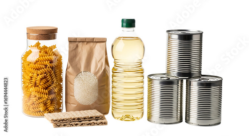 Pantry staples including pasta, flour, oil, and canned goods isolated on transparent background