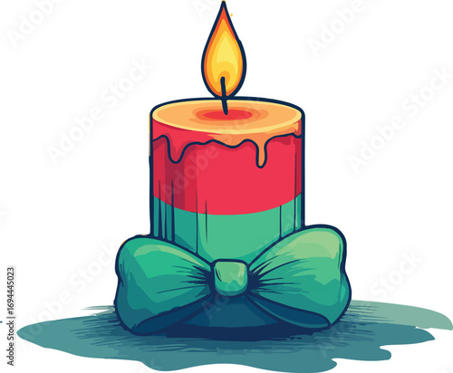 Yellow burning candle with a glowing flame in a glass for a festive holiday celebration vector illustration