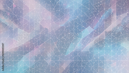 Geometric grid overlay on a soft, abstract blend of purple and cyan colors with subtle light streaks and scattered particles