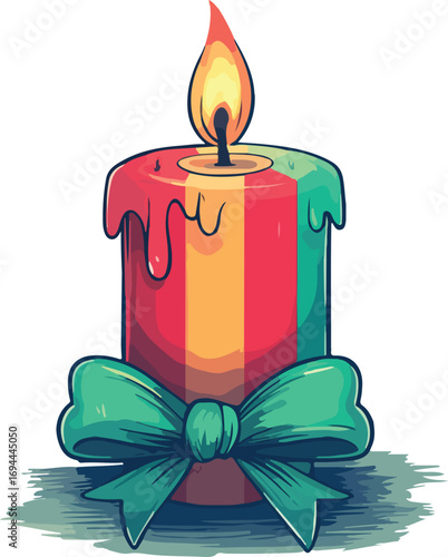 An illustration of glowing festive candles, including a Christmas tree shaped one, lighting up the night with their bright flames