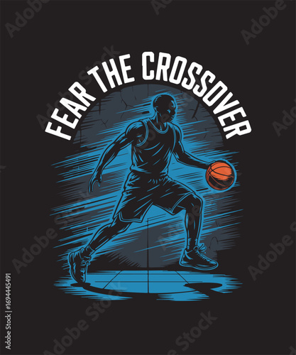 Basketball T-shirt design, basketball player silhouette, slam dunk, dribbling, sports typography, retro vintage basketball artwork, streetwear graphic design, trendy athletic apparel vector art