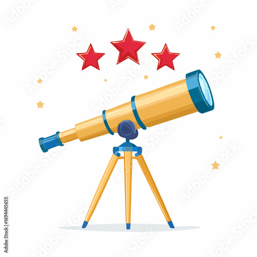 A golden telescope on a tripod observing red stars.