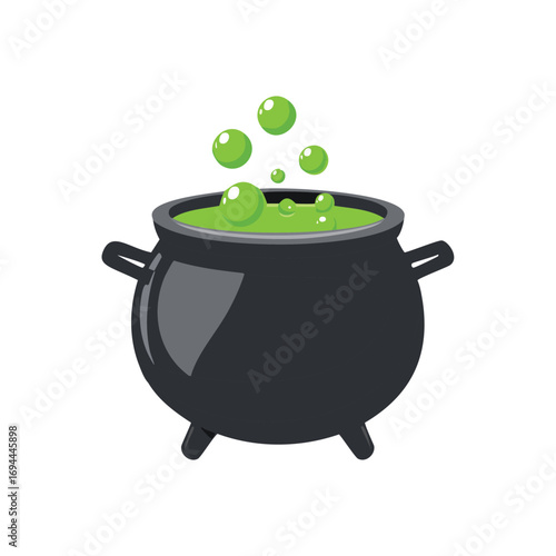 Black cauldron bubbling green liquid with floating bubbles vector