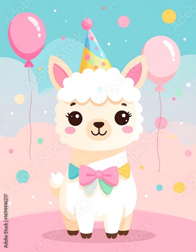 Cute llama in party hat, balloons, and confetti