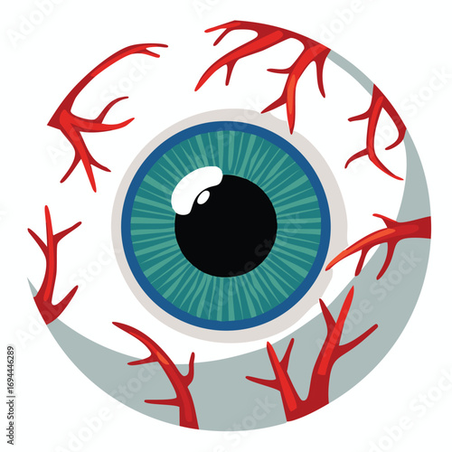 Blue iris black pupil red veins white sclera eyeball