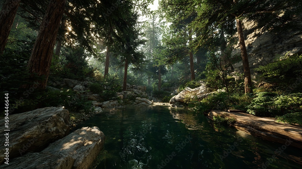 Fototapeta premium Mountains reflecting in River among Trees, Forest landscape with sky above