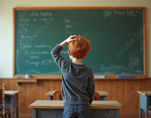 Young student stands at a classroom desk scratching their head in confusion while looking at a chalkboard filled with equations.