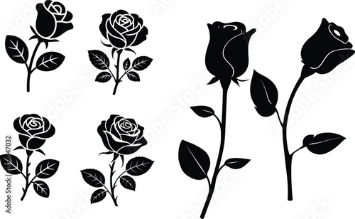 rose with a single bloom and two or three leaves on the stem. Minimal flat style with solid black fill,