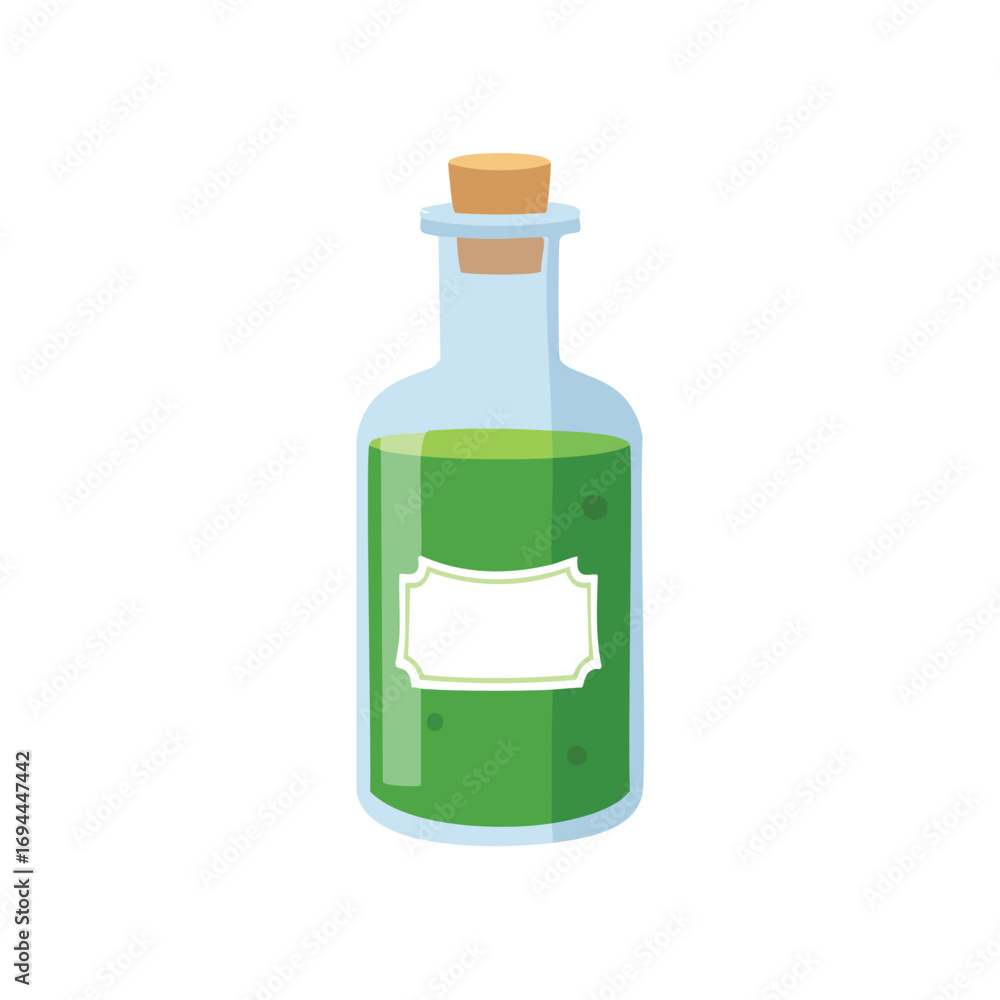 Obraz premium Glass bottle with green liquid and cork stopper vector