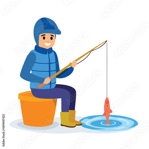 Fisherman with caught fish on ice fishing winter