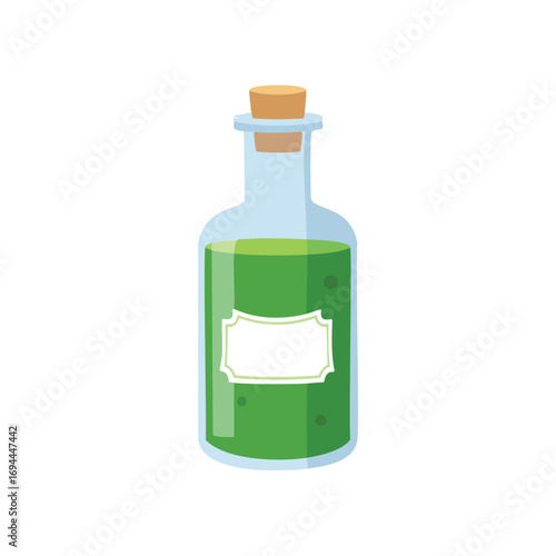 Glass bottle with green liquid and cork stopper vector