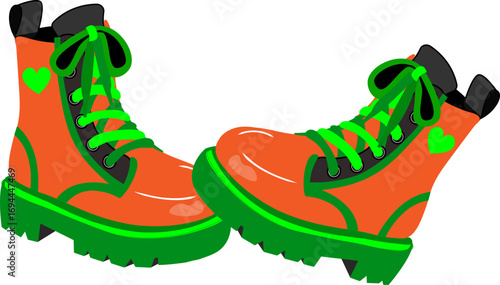 Illustration of a pair of thick-soled shoes in bright orange and green.This image is perfect for designs related to fashion, alternative style, fun, and vibrant self-expression.