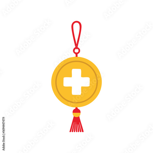 Golden coin with cross cutout and red tassel gold coin hanging ornament