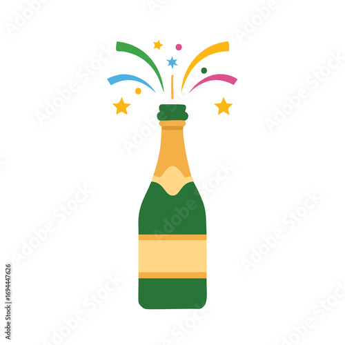 Green bottle with colorful celebration bursts and stars gold party