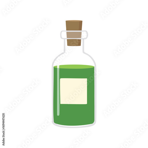 Green liquid filled glass bottle with cork stopper and label vector