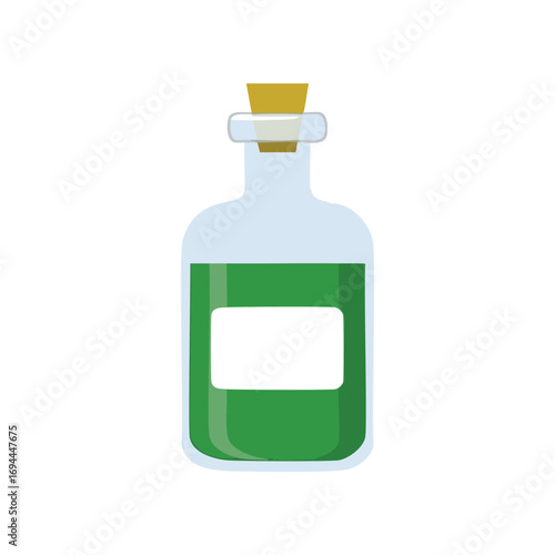 Green liquid in glass bottle with cork stopper and label vector