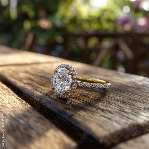 Gold Diamond Ring on Wooden Table