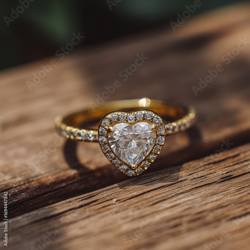 Gold Ring with Heart Diamond on Wood
