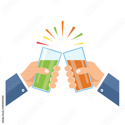 Hands clinking glasses with colorful bursts toasting celebration