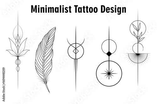 Illustration of five minimalist tattoo designs featuring a feather, floral, and geometric line art elements