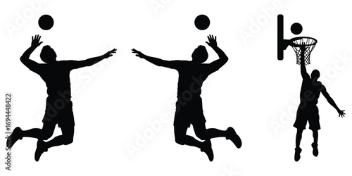 Silhouette set of basketball players jumping and dunking with ball.