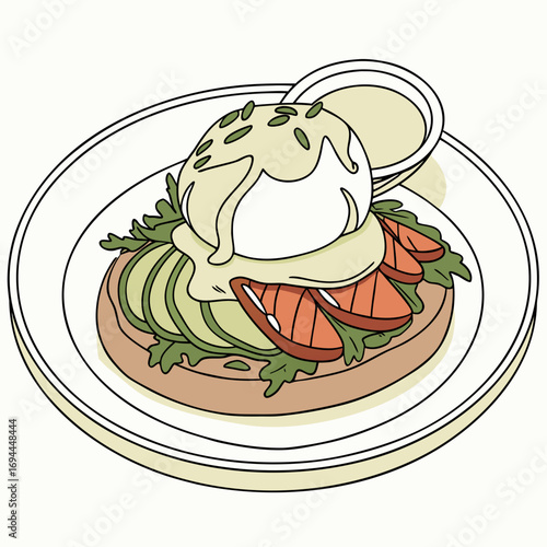 Gourmet brunch plate with poached egg, smoked salmon, and avocado on toast, drizzled with hollandaise sauce. A delicious and healthy breakfast concept illustration