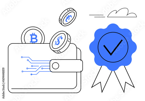 Digital wallet with Bitcoin and Dollar coins, blue security badge. Ideal for fintech, cryptocurrency, security, blockchain, digital payment, online transactions, simple flat metaphor