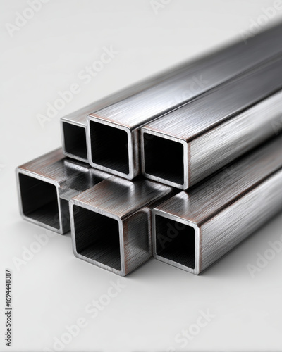 Shiny metal square tubes stacked together on white surface, showing smooth brushed texture and hollow interiors, conveying industrial strength and precision