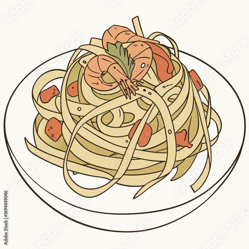 Gourmet Italian seafood pasta with fresh prawns and herbs served on a white plate, a delicious hand-drawn vector illustration