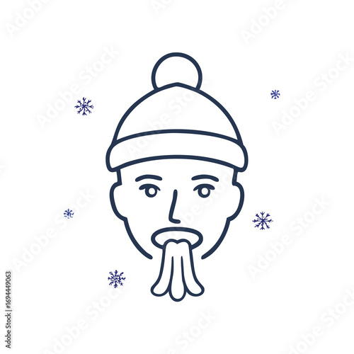 Person wearing hat exhaling cold air with snowflakes face exhale