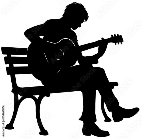 Silhouette of Man Playing Guitar While Sitting on Bench