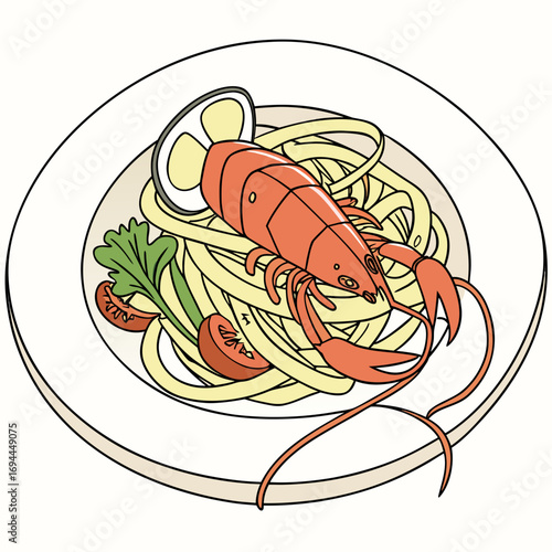 Gourmet illustration of crawfish linguine pasta served with fresh lemon, tomatoes, and herbs on a white plate, isolated on a white background