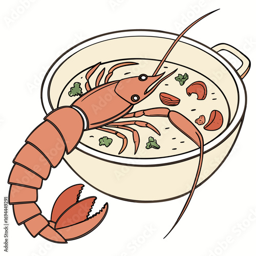 Vector illustration of a savory red langoustine on a bowl of creamy seafood bisque, a concept for gourmet dining and cuisine