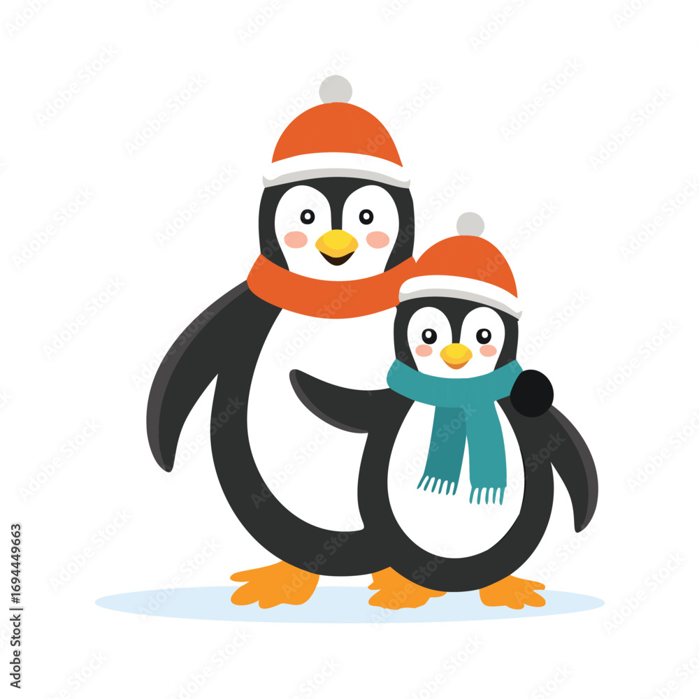 Fototapeta premium Two cute penguins wearing winter hats and scarves vector