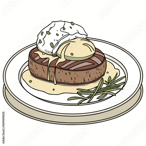 A delicious gourmet meal of grilled filet mignon steak topped with a poached egg and creamy béarnaise sauce, plated with a fresh rosemary garnish