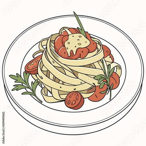 A savory illustration of gourmet Italian fettuccine pasta served with a rich tomato sauce and garnished with fresh herbs