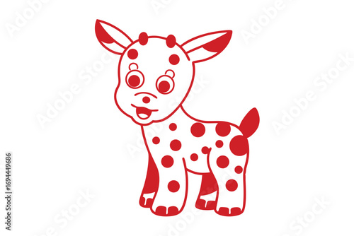 Smiling cartoon goat with red spots stands cutely on a white background