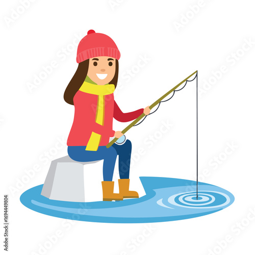 Woman ice fishing wearing winter clothes fishing rod