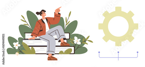 Woman seated on stacked books in lush greenery, gesturing forward near simplistic gear diagram. Ideal for education, innovation, growth, motivation, creativity, learning development. A simple flat