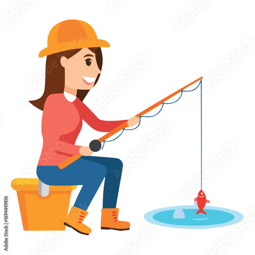 Woman ice fishing with orange hat and bucket winter
