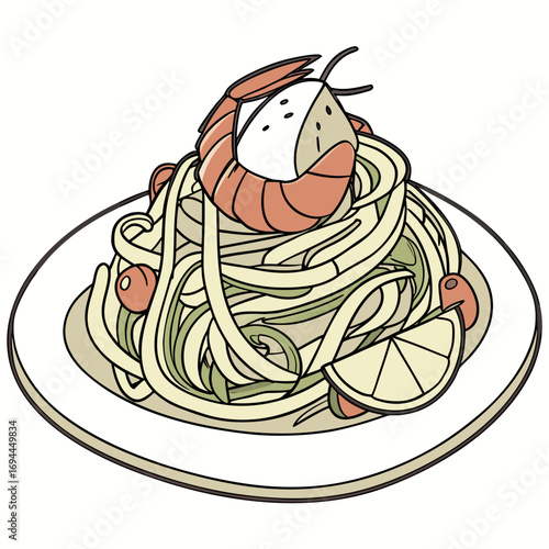 A delicious plate of cartoon-style seafood pasta featuring a large shrimp, cherry tomatoes, and a fresh lemon wedge