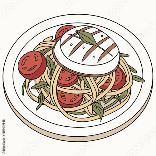 A delightful illustration of a gourmet pasta dish featuring spaghetti, grilled halloumi cheese, cherry tomatoes, and fresh basil on a plate
