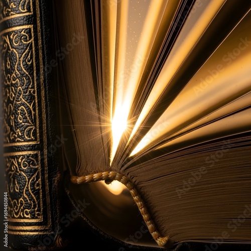 Closeup of Book Spine with Golden Light Shining Through Pages Like Sunrise – Inspirational Reading Concept