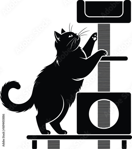 Silhouette of a black cat climbing and playing on a multi level cat tree scratching post