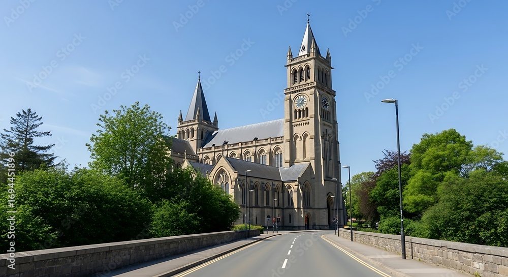 Fototapeta premium Church with sunny day, road, and green trees.